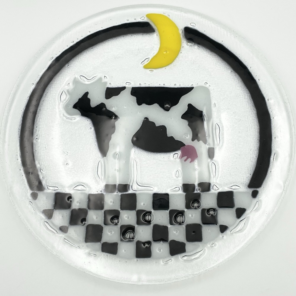 Peggy Karr Fused Art Glass Cow Moon Checkerboard Plate 13.875" Round Platter